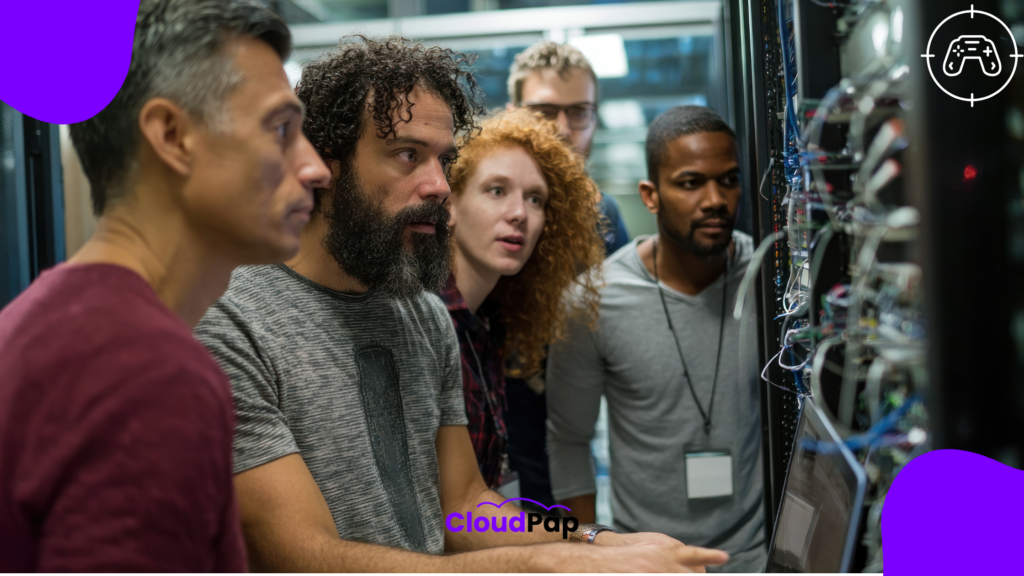 A picture of engineers working on servers Game server security