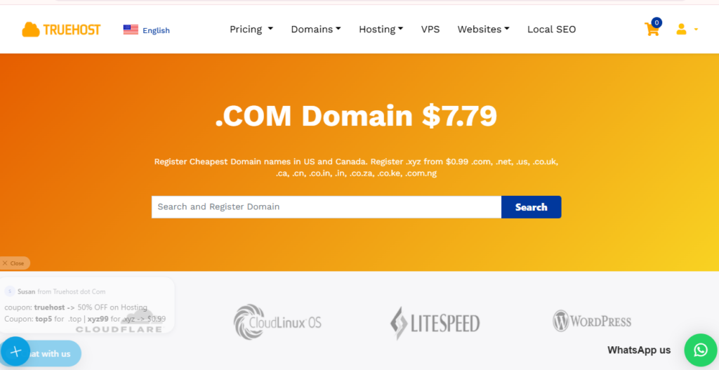 How to Deploy a Website on a Cloud Server Step by Step 2 A screenshot of Truehost, a domain name registration page