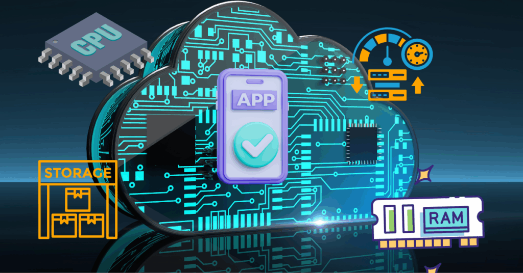 Illustration of Storage, CPU, ram, bandwidth, four things an SaaS app need Compute Power