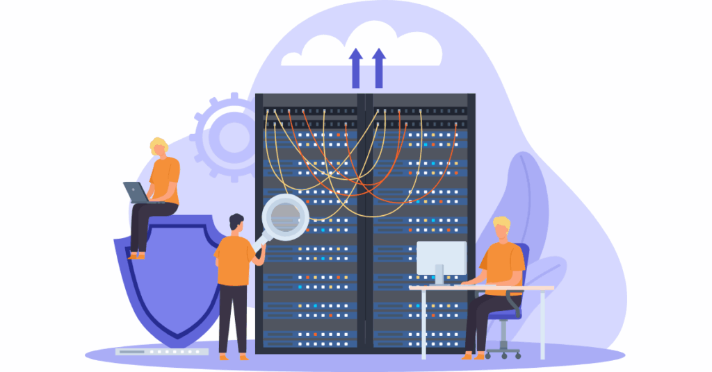 System Administrator, Server Maintain, Support and Security Concept. Cloud Network Storage Technology, Sysadmin Fixing Servers Vector Banner