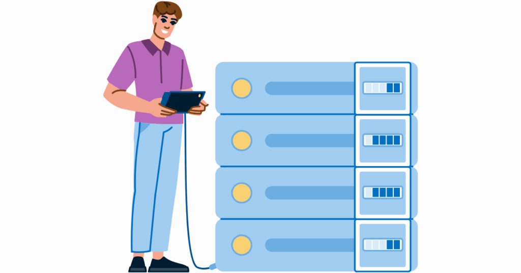 System administrator connecting tablet to server rack for maintenance