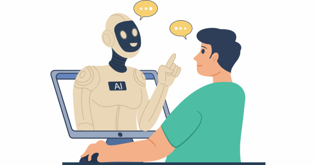 human talking to robot on computer online ai customer support