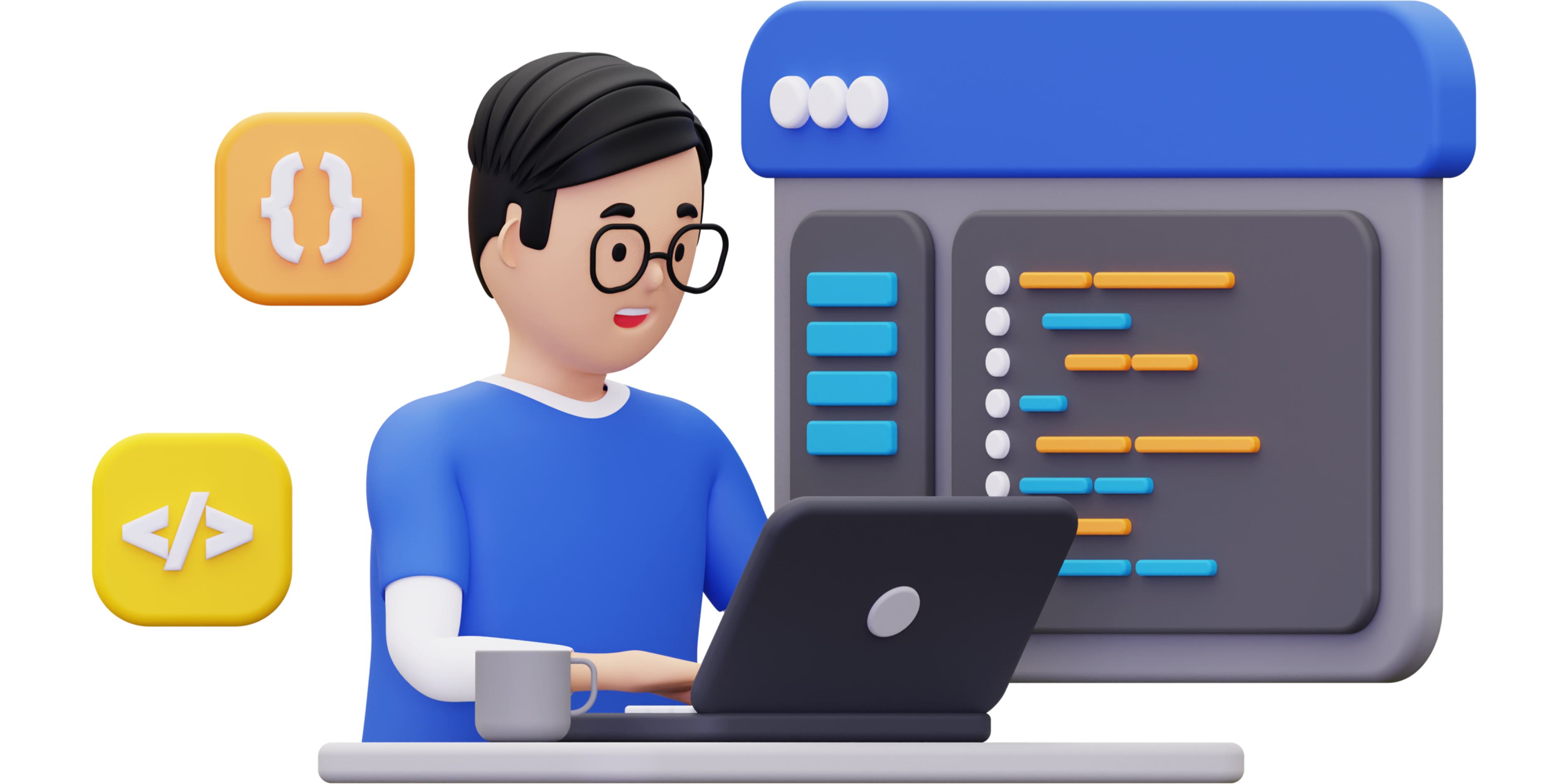 3d Website developer working on laptop illustration