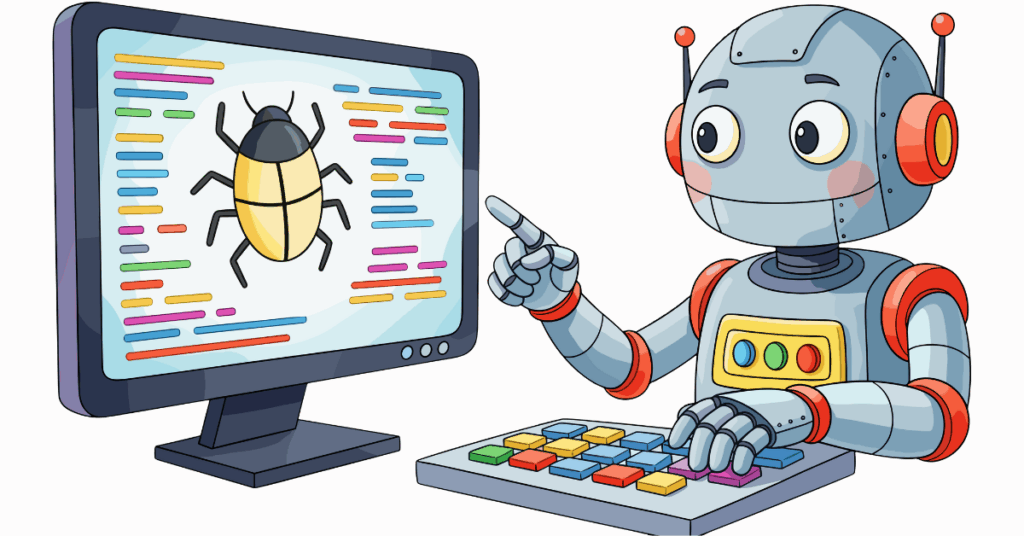 Cartoon robot debugging code with a computer bug on screen