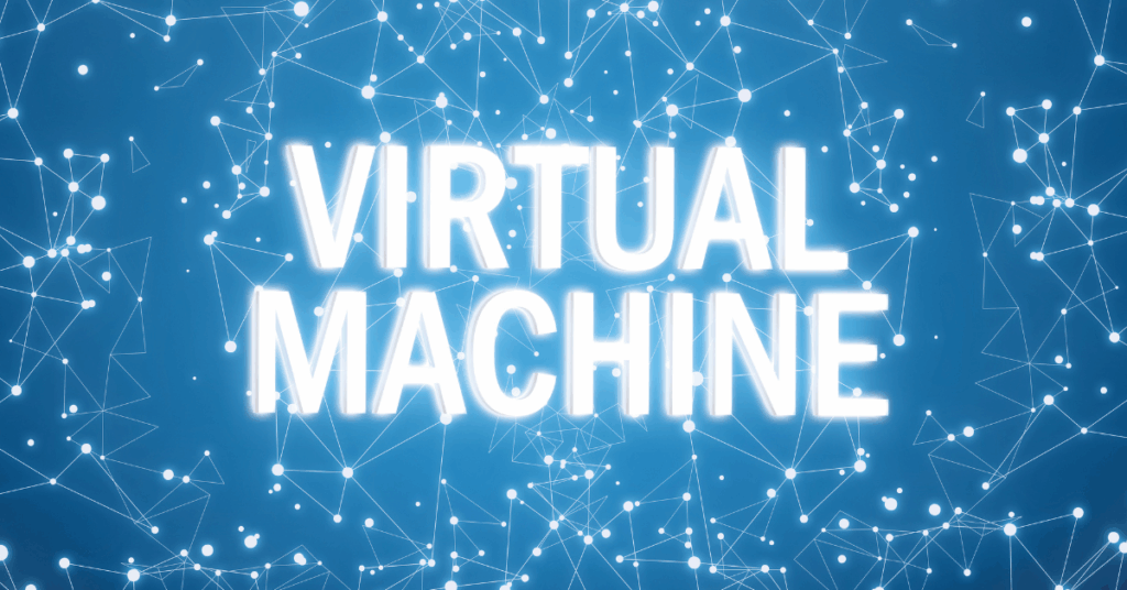 Digital virtual machine text on blue network background