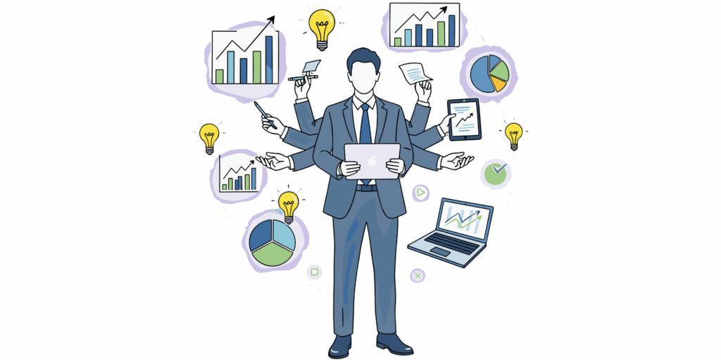 Cloud Hosting for Small Businesses Growth 1 Focused and Professional Businessman with Multiple Arms Holding a Tablet, Surrounded by Charts, Graphs, Lightbulbs, and a Laptop, Demonstrating Multitasking and Business Concepts