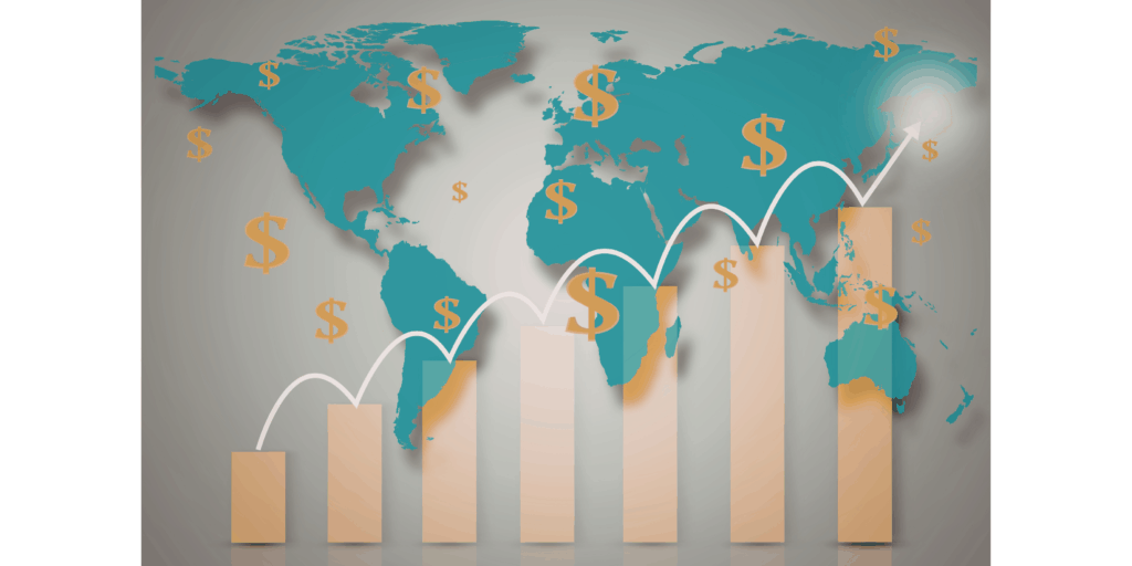 Global financial growth illustrated with world map and dollar symbols on cloud hosting for business growth