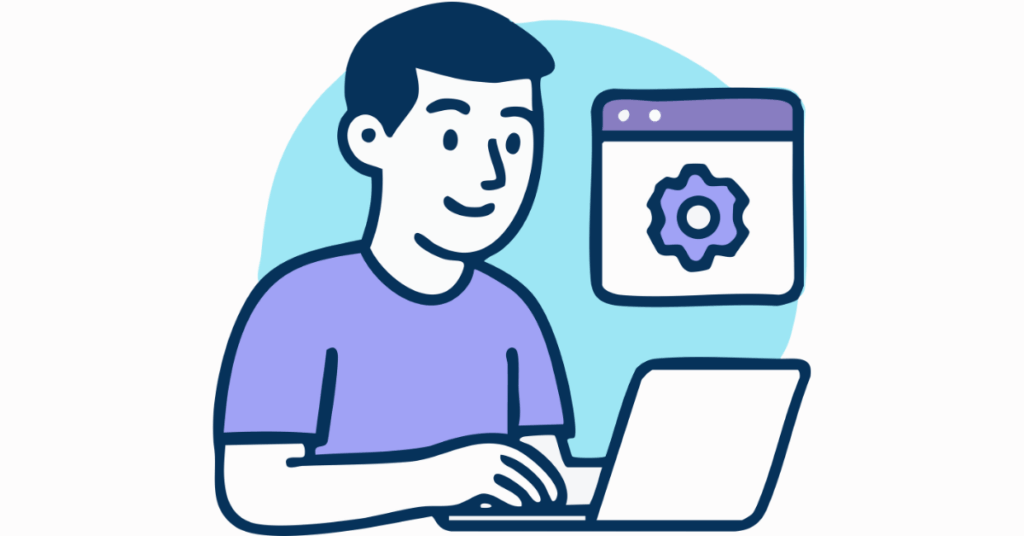 Man laptop technology gear illustration working blue cartoon happy digital